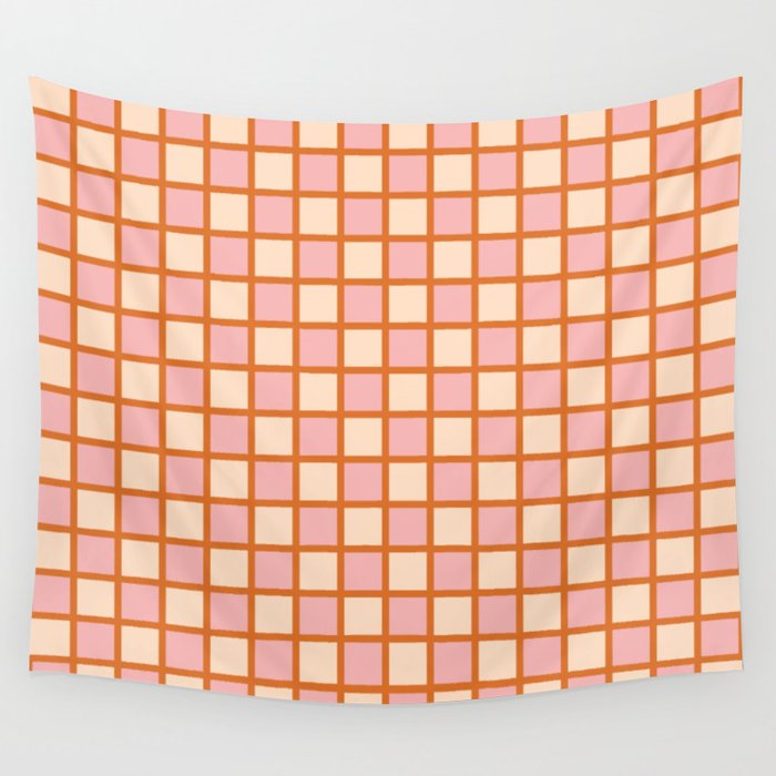 Retro Check Thick Grid Pattern in Pink Orange Cream Wall Tapestry Gallery Image 4
