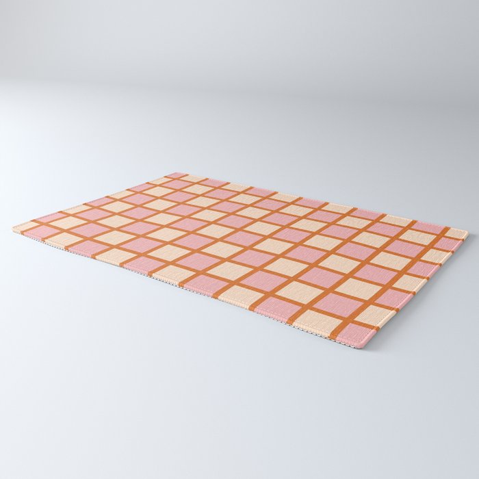 Retro Check Thick Grid Pattern in Pink Orange Cream Rug Gallery Image 3