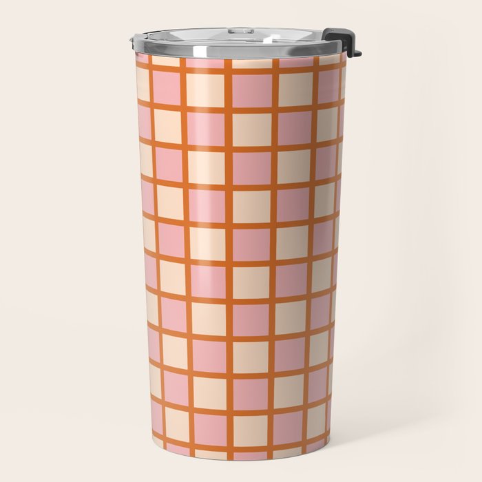 Retro Check Thick Grid Pattern in Pink Orange Cream Travel Mug Gallery Image 2
