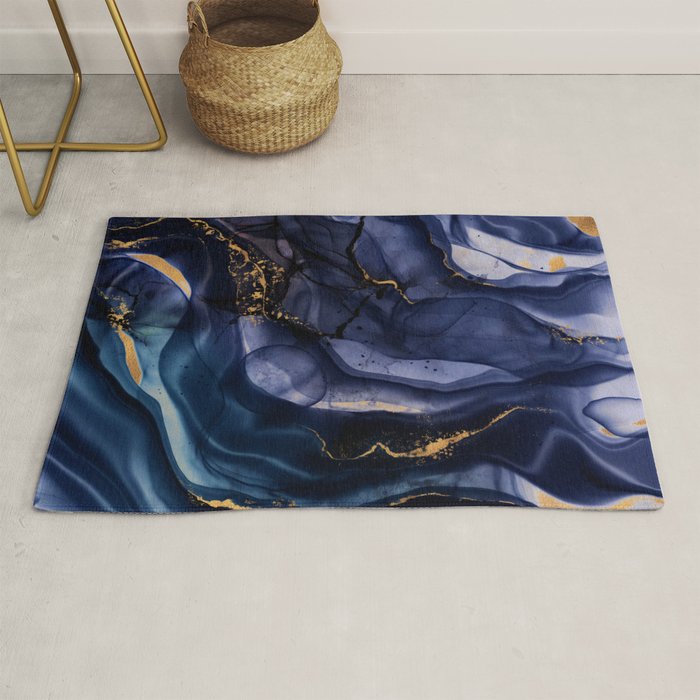 Midnight Dark Blue Marble Alcohol Ink Marble Art Flashes Rug Gallery Image 1