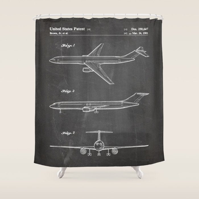 Boeing 777 Airliner Patent - 777 Airplane Art - Black Chalkboard Shower Curtain Gallery Image 1