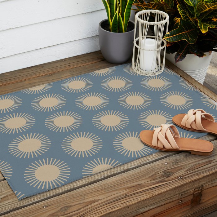 Boho Summer Sun Pattern XVII Blue and Beige Outdoor Rug Gallery Image 2