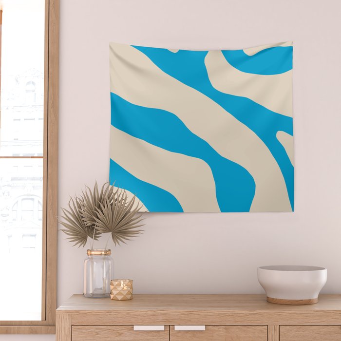 Organic Forms Minimal Abstract Blue and Beige Pattern Wall Tapestry Gallery Image 2