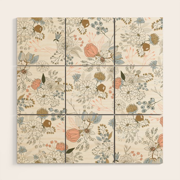 Elegant abstract coral pastel blue modern rustic floral Wood Wall Art Gallery Image 1