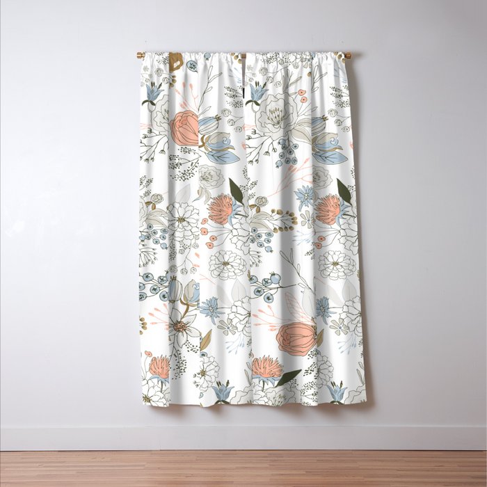 Elegant abstract coral pastel blue modern rustic floral Window Curtain Gallery Image 3