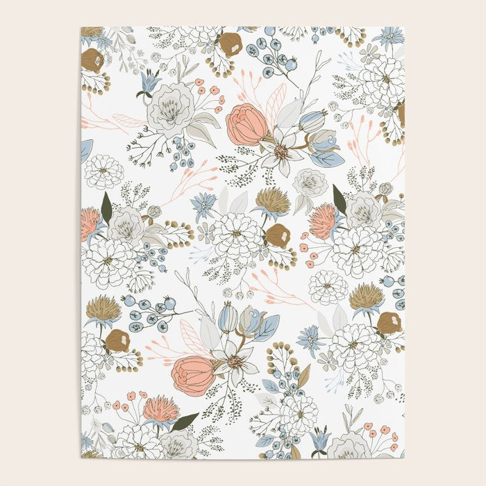 Elegant abstract coral pastel blue modern rustic floral Poster Gallery Image 1