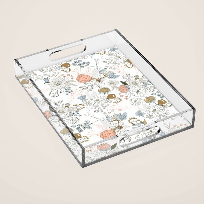 Elegant abstract coral pastel blue modern rustic floral Acrylic Tray Gallery Image 1