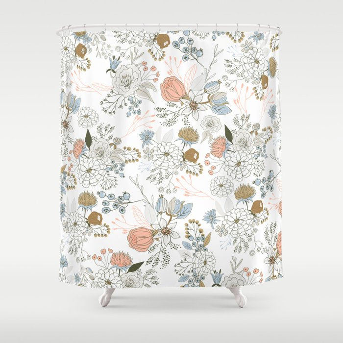 Elegant abstract coral pastel blue modern rustic floral Shower Curtain Gallery Image 1