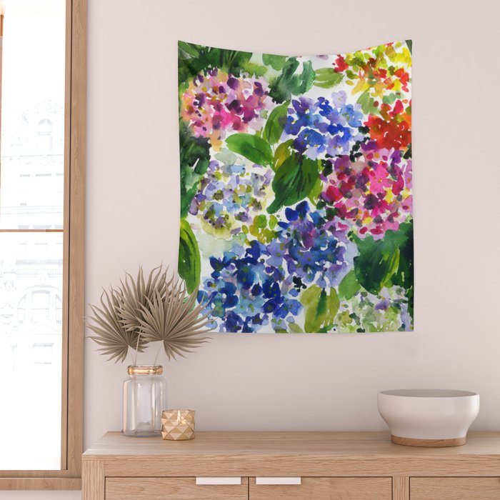 hydrangeas in green: watercolor flowers Wall Tapestry Gallery Image 2