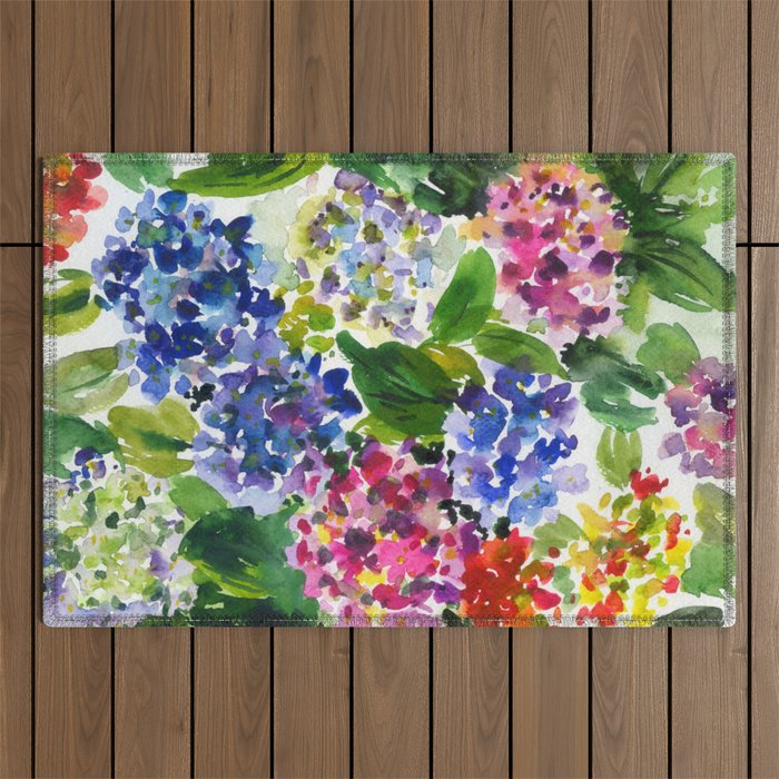 hydrangeas in green: watercolor flowers Outdoor Rug Gallery Image 1