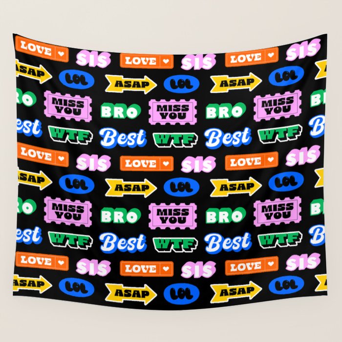 Fun retro quote sticker pattern Wall Tapestry Gallery Image 4