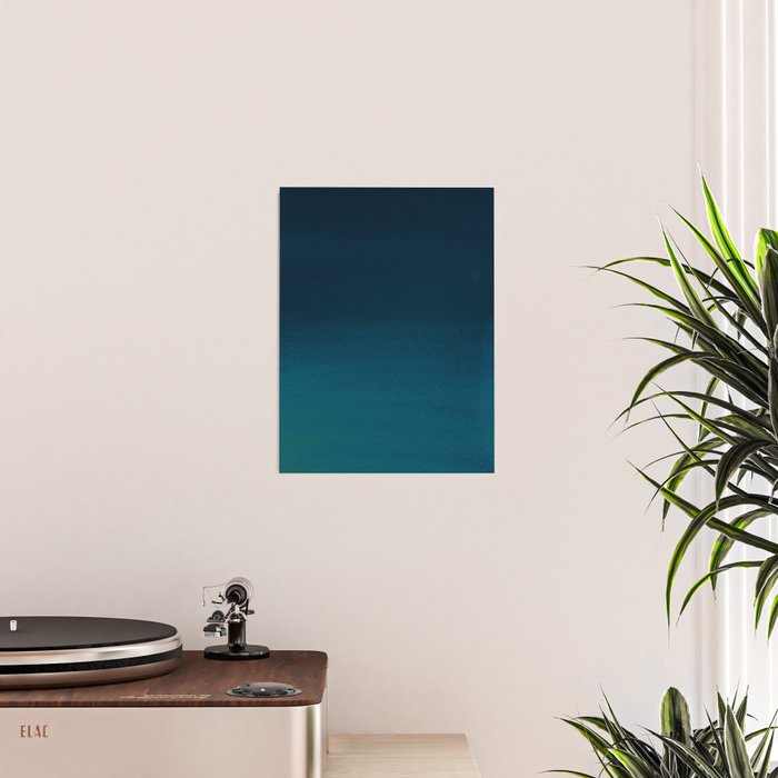 Navy blue teal hand painted watercolor paint ombre Poster Gallery Image 2