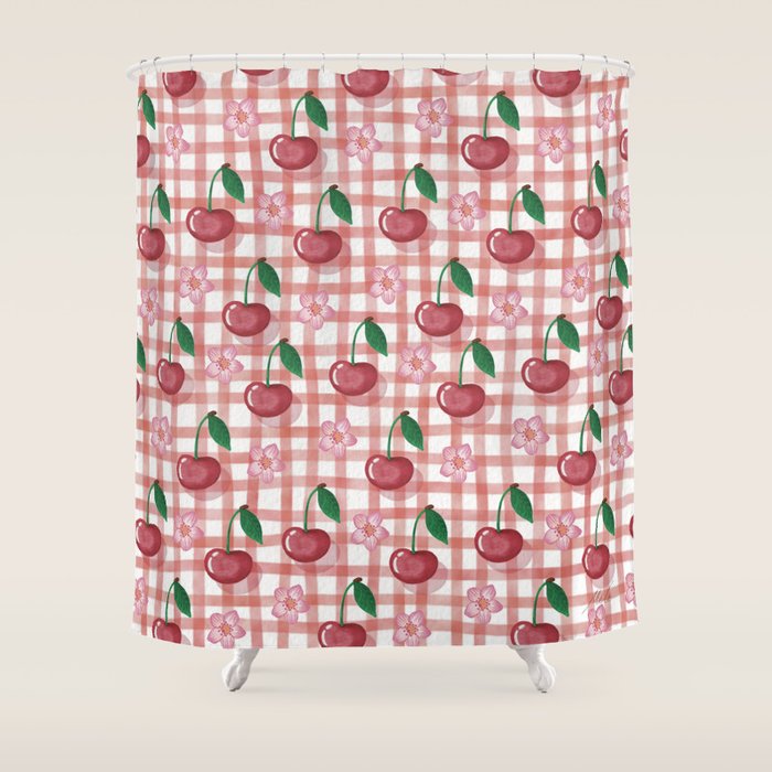 Watercolor Cherry Blossom Picnic Pattern Shower Curtain Gallery Image 1
