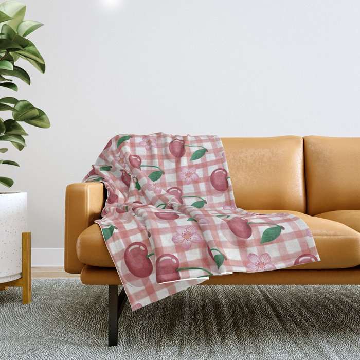 Watercolor Cherry Blossom Picnic Pattern Throw Blanket Gallery Image 1