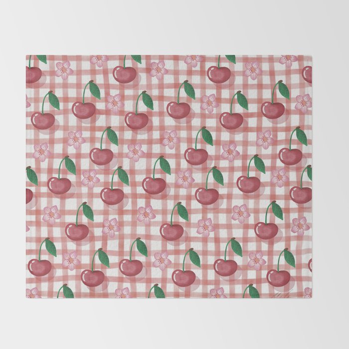 Watercolor Cherry Blossom Picnic Pattern Throw Blanket Gallery Image 2