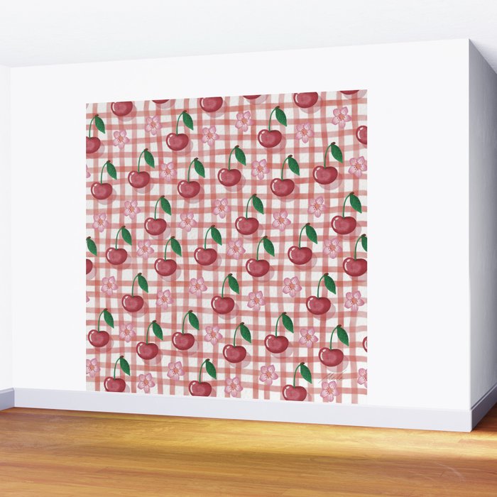 Watercolor Cherry Blossom Picnic Pattern Wall Mural Gallery Image 2