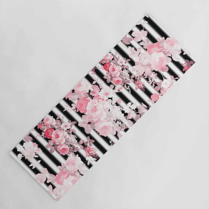Vintage blush pink floral black white stripes Yoga Mat Gallery Image 1