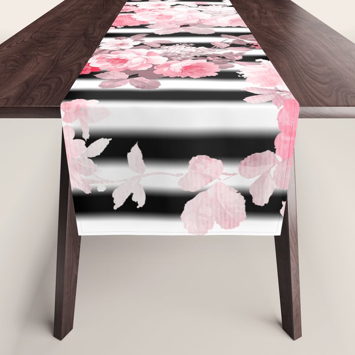 Vintage blush pink floral black white stripes Table Runner Gallery Image 1