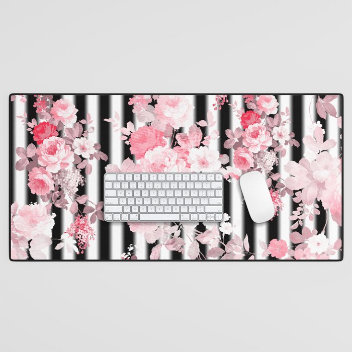Vintage blush pink floral black white stripes Desk Mat Gallery Image 1