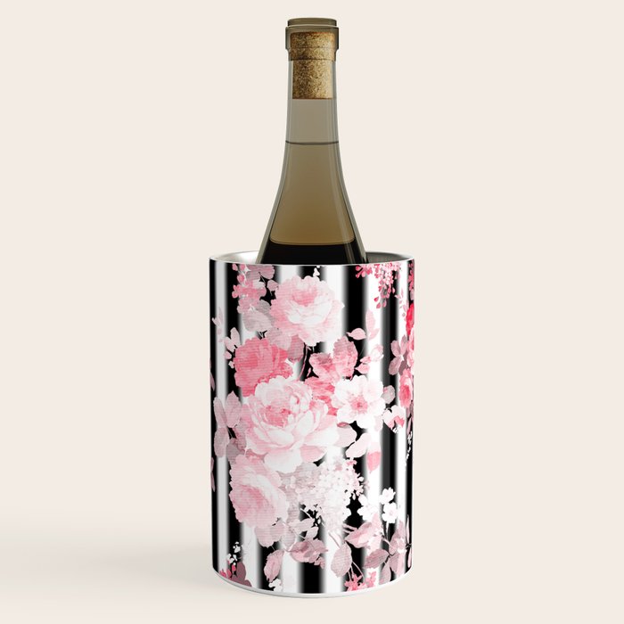 Vintage blush pink floral black white stripes Wine Chiller Gallery Image 1