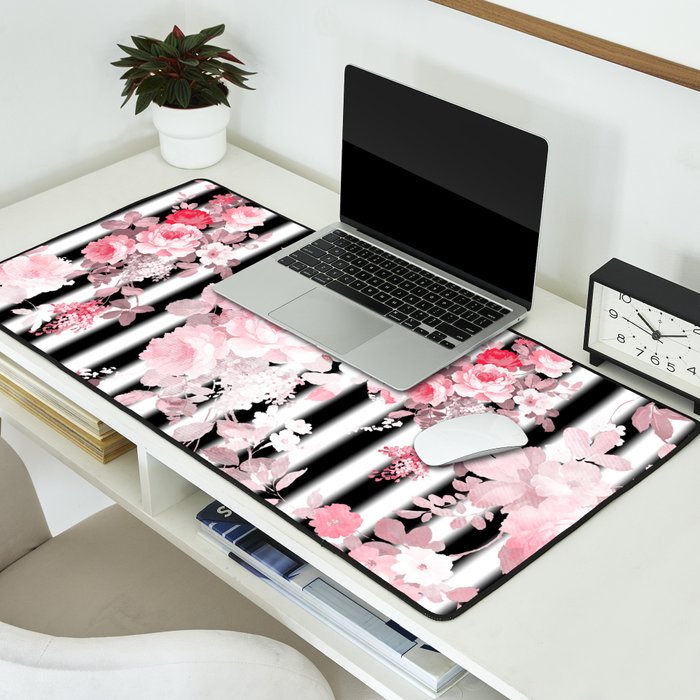 Vintage blush pink floral black white stripes Desk Mat Gallery Image 2