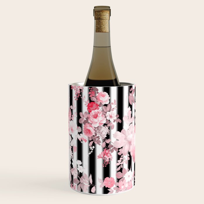 Vintage blush pink floral black white stripes Wine Chiller Gallery Image 3