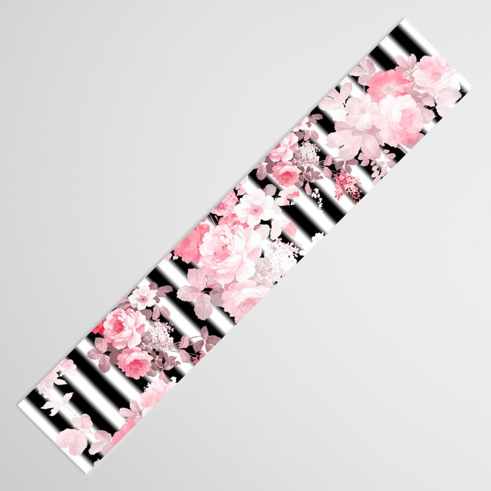 Vintage blush pink floral black white stripes Table Runner Gallery Image 3