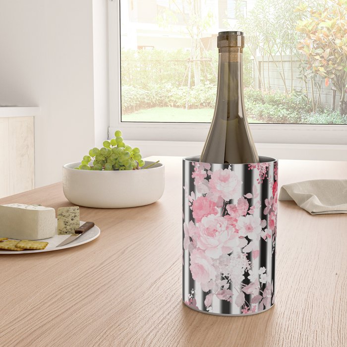 Vintage blush pink floral black white stripes Wine Chiller Gallery Image 4