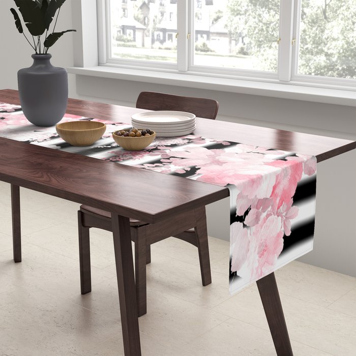Vintage blush pink floral black white stripes Table Runner Gallery Image 2