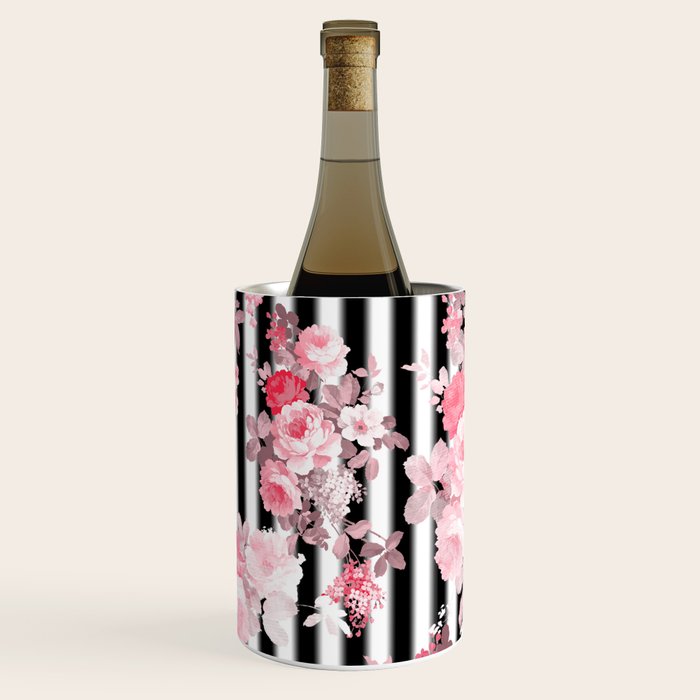 Vintage blush pink floral black white stripes Wine Chiller Gallery Image 2
