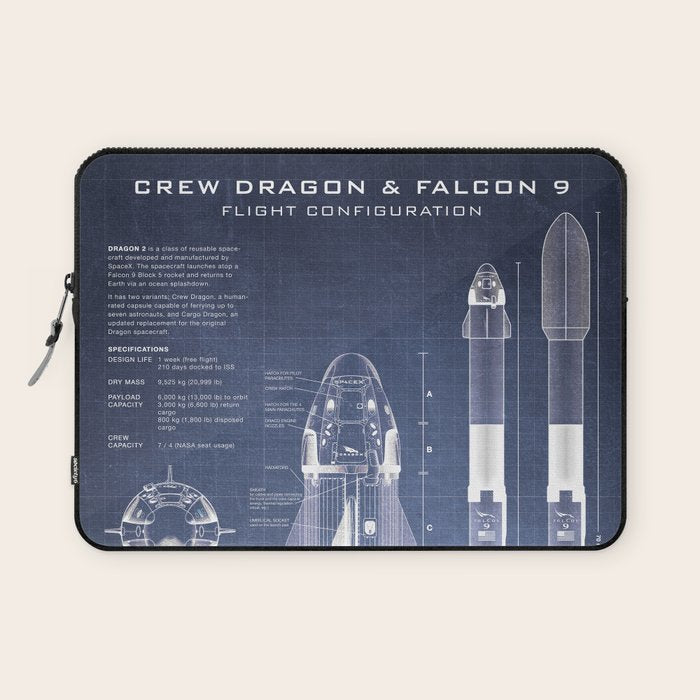 NASA SpaceX Crew Dragon Spacecraft & Falcon 9 Rocket Blueprint in High Resolution (dark blue) Laptop Sleeve Gallery Image 1