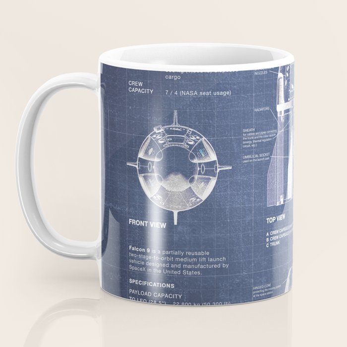 NASA SpaceX Crew Dragon Spacecraft & Falcon 9 Rocket Blueprint in High Resolution (dark blue) Coffee Mug Gallery Image 3