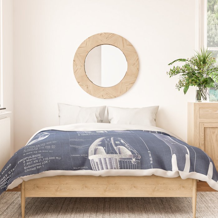 NASA SpaceX Crew Dragon Spacecraft & Falcon 9 Rocket Blueprint in High Resolution (dark blue) Duvet Cover Gallery Image 3