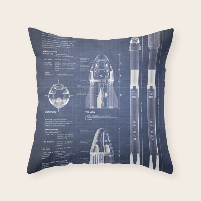 NASA SpaceX Crew Dragon Spacecraft & Falcon 9 Rocket Blueprint in High Resolution (dark blue) Throw Pillow Gallery Image 6
