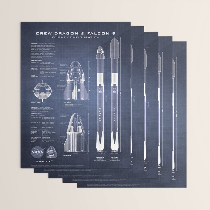 NASA SpaceX Crew Dragon Spacecraft & Falcon 9 Rocket Blueprint in High Resolution (dark blue) Wrapping Paper Gallery Image 3