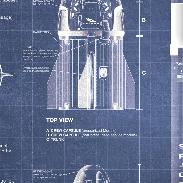 NASA SpaceX Crew Dragon Spacecraft & Falcon 9 Rocket Blueprint in High Resolution (dark blue) Coffee Mug Gallery Image 2