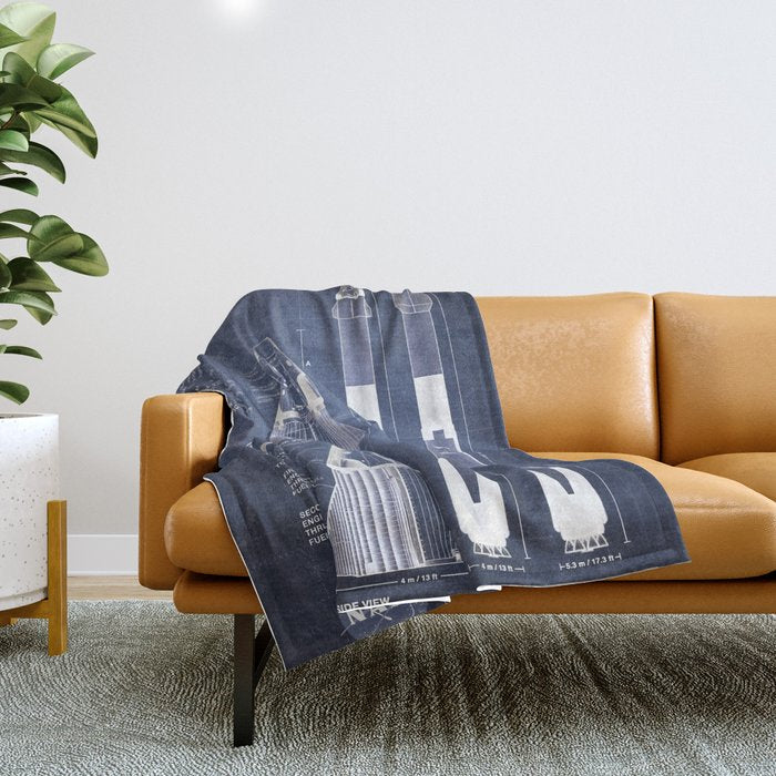 NASA SpaceX Crew Dragon Spacecraft & Falcon 9 Rocket Blueprint in High Resolution (dark blue) Throw Blanket Gallery Image 1