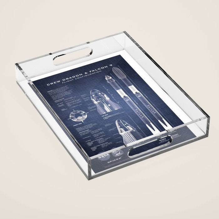 NASA SpaceX Crew Dragon Spacecraft & Falcon 9 Rocket Blueprint in High Resolution (dark blue) Acrylic Tray Gallery Image 1