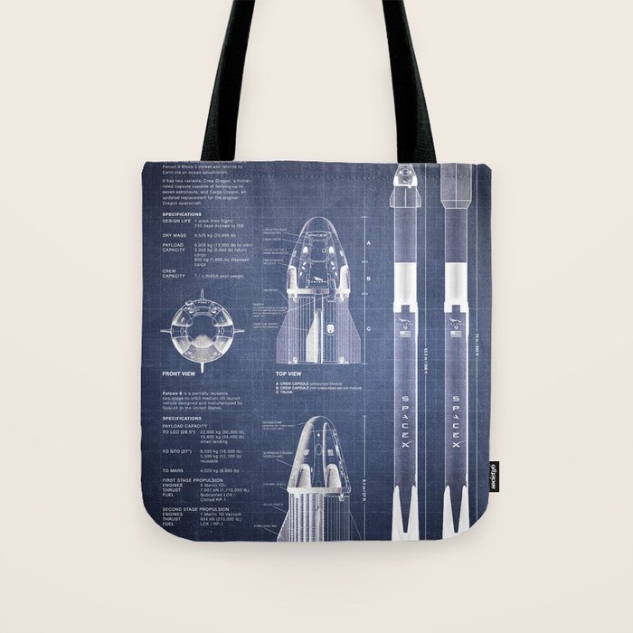 NASA SpaceX Crew Dragon Spacecraft & Falcon 9 Rocket Blueprint in High Resolution (dark blue) Tote Bag Gallery Image 1