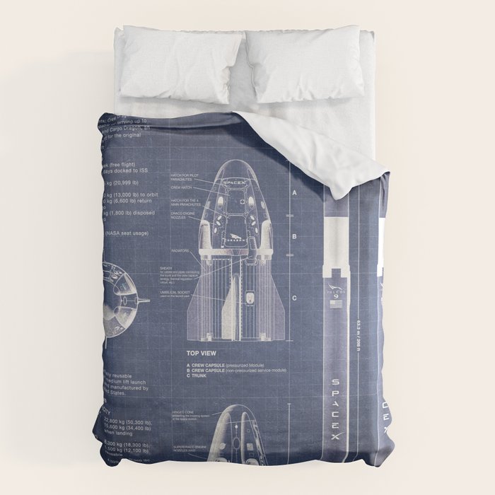 NASA SpaceX Crew Dragon Spacecraft & Falcon 9 Rocket Blueprint in High Resolution (dark blue) Duvet Cover Gallery Image 1