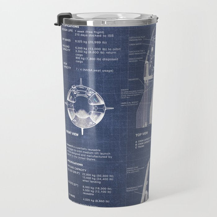NASA SpaceX Crew Dragon Spacecraft & Falcon 9 Rocket Blueprint in High Resolution (dark blue) Travel Mug Gallery Image 3