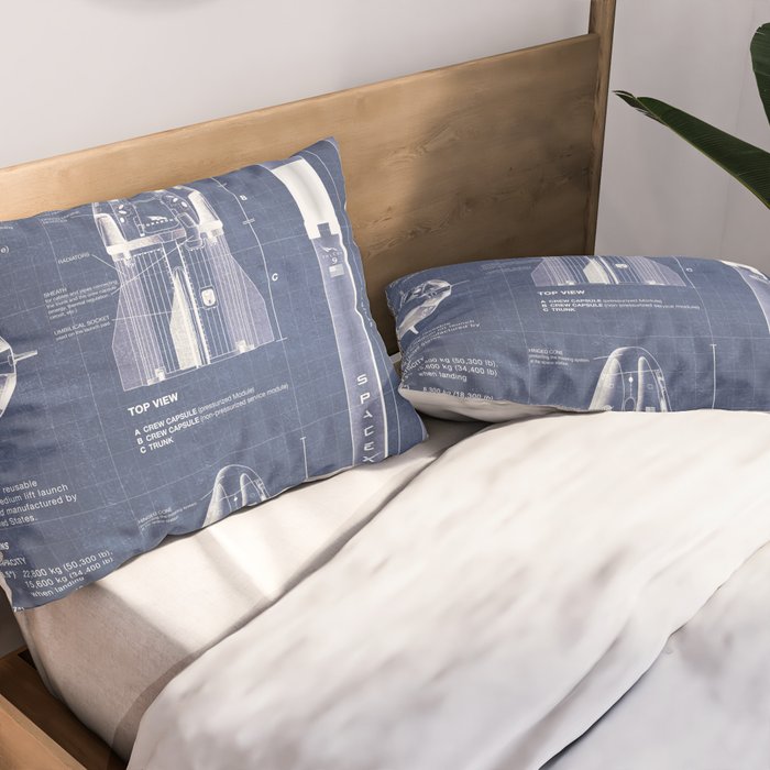 NASA SpaceX Crew Dragon Spacecraft & Falcon 9 Rocket Blueprint in High Resolution (dark blue) Pillow Sham Gallery Image 2