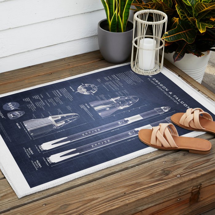NASA SpaceX Crew Dragon Spacecraft & Falcon 9 Rocket Blueprint in High Resolution (dark blue) Outdoor Rug Gallery Image 2