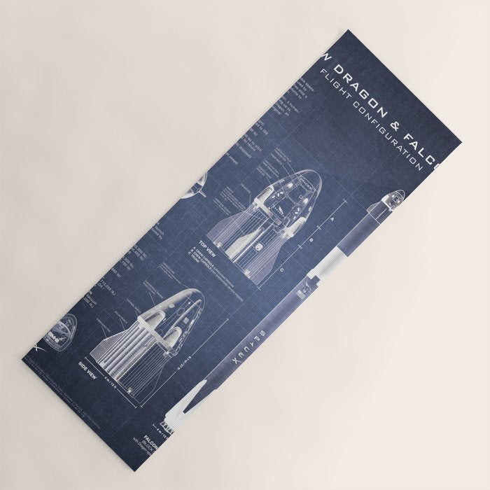 NASA SpaceX Crew Dragon Spacecraft & Falcon 9 Rocket Blueprint in High Resolution (dark blue) Yoga Mat Gallery Image 1