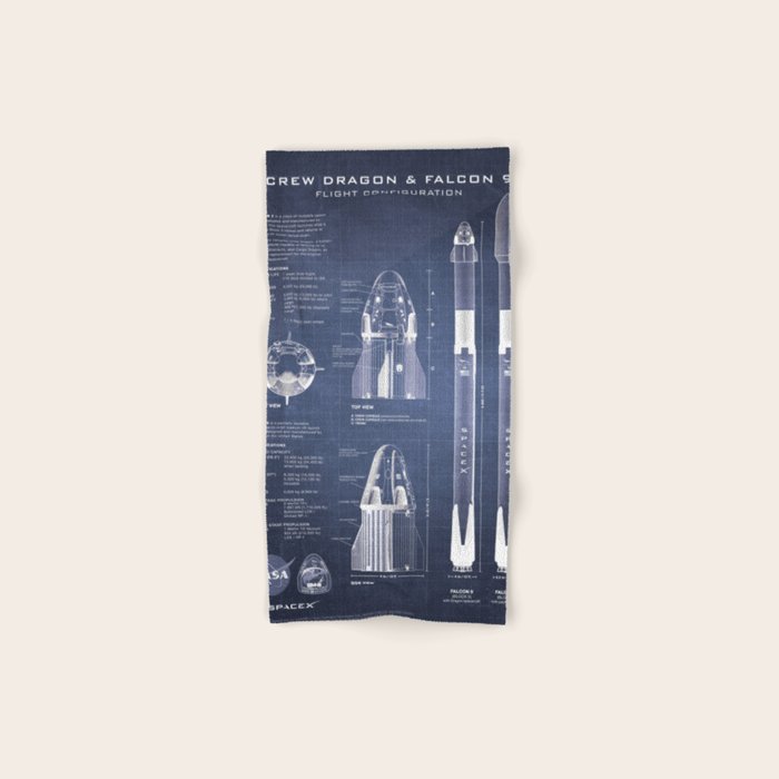 NASA SpaceX Crew Dragon Spacecraft & Falcon 9 Rocket Blueprint in High Resolution (dark blue) Bath Towel Gallery Image 1