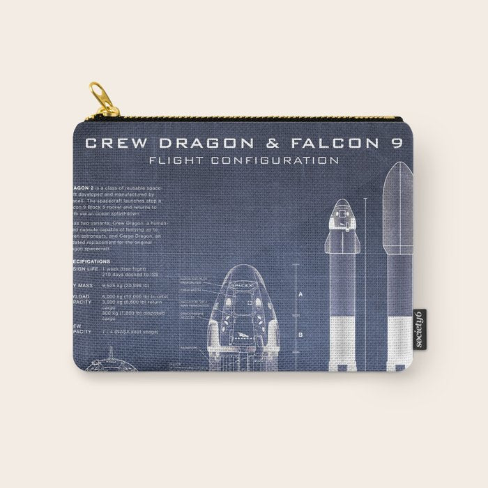 NASA SpaceX Crew Dragon Spacecraft & Falcon 9 Rocket Blueprint in High Resolution (dark blue) Carry All Pouch Gallery Image 1