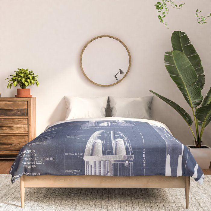 NASA SpaceX Crew Dragon Spacecraft & Falcon 9 Rocket Blueprint in High Resolution (dark blue) Comforter Gallery Image 3