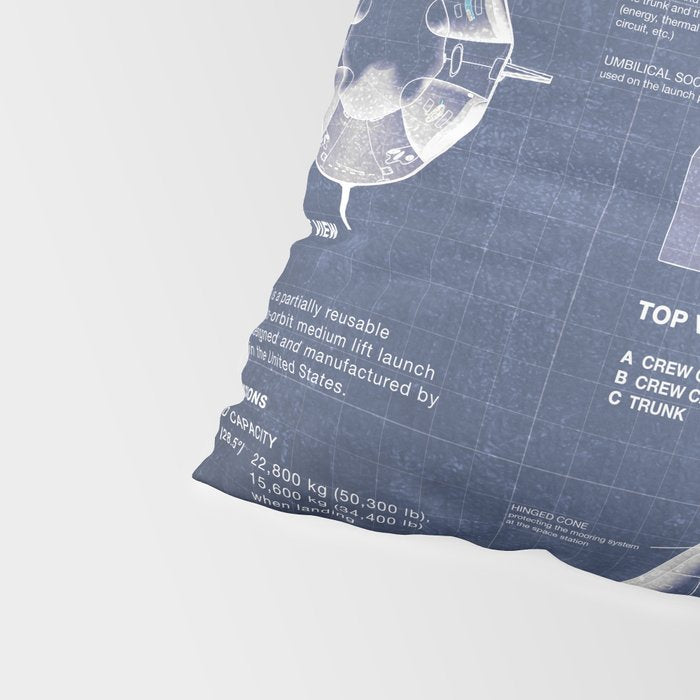 NASA SpaceX Crew Dragon Spacecraft & Falcon 9 Rocket Blueprint in High Resolution (dark blue) Pillow Sham Gallery Image 4