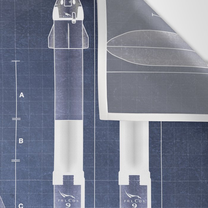 NASA SpaceX Crew Dragon Spacecraft & Falcon 9 Rocket Blueprint in High Resolution (dark blue) Wall Tapestry Gallery Image 3