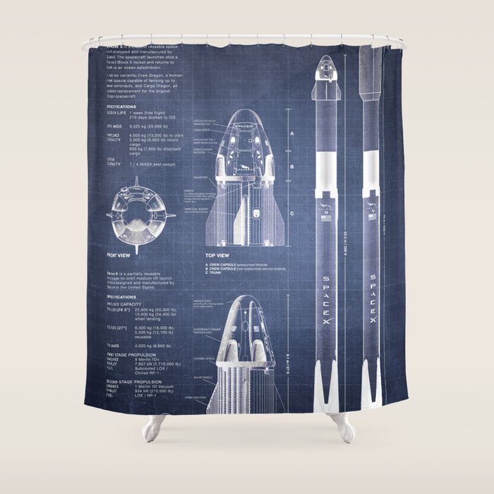 NASA SpaceX Crew Dragon Spacecraft & Falcon 9 Rocket Blueprint in High Resolution (dark blue) Shower Curtain Gallery Image 1